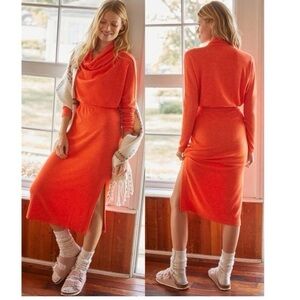 Anthropologie Draped Cowl Neck Casual Stretch Midi Dress Sz S NWTs RED VERMILION
